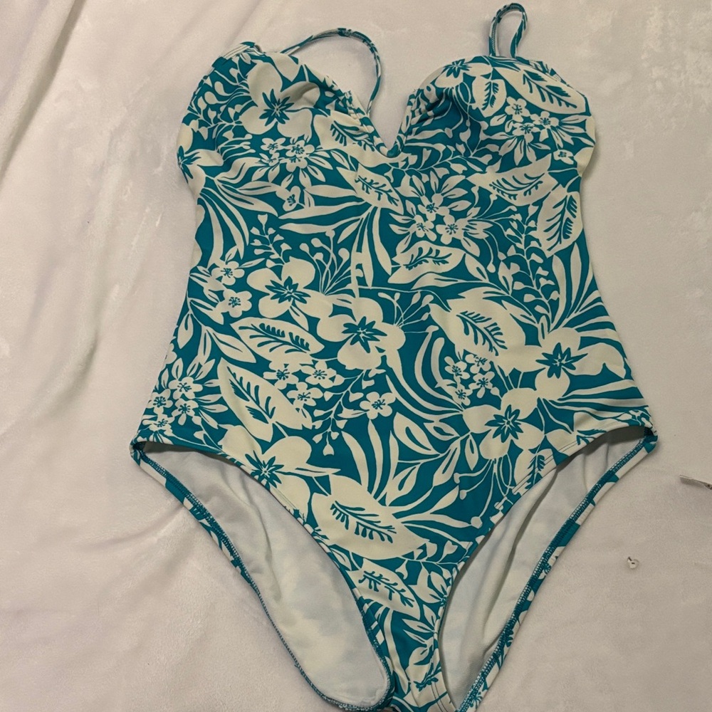 Elegant Floral One-Piece Swimsuit in Teal and White